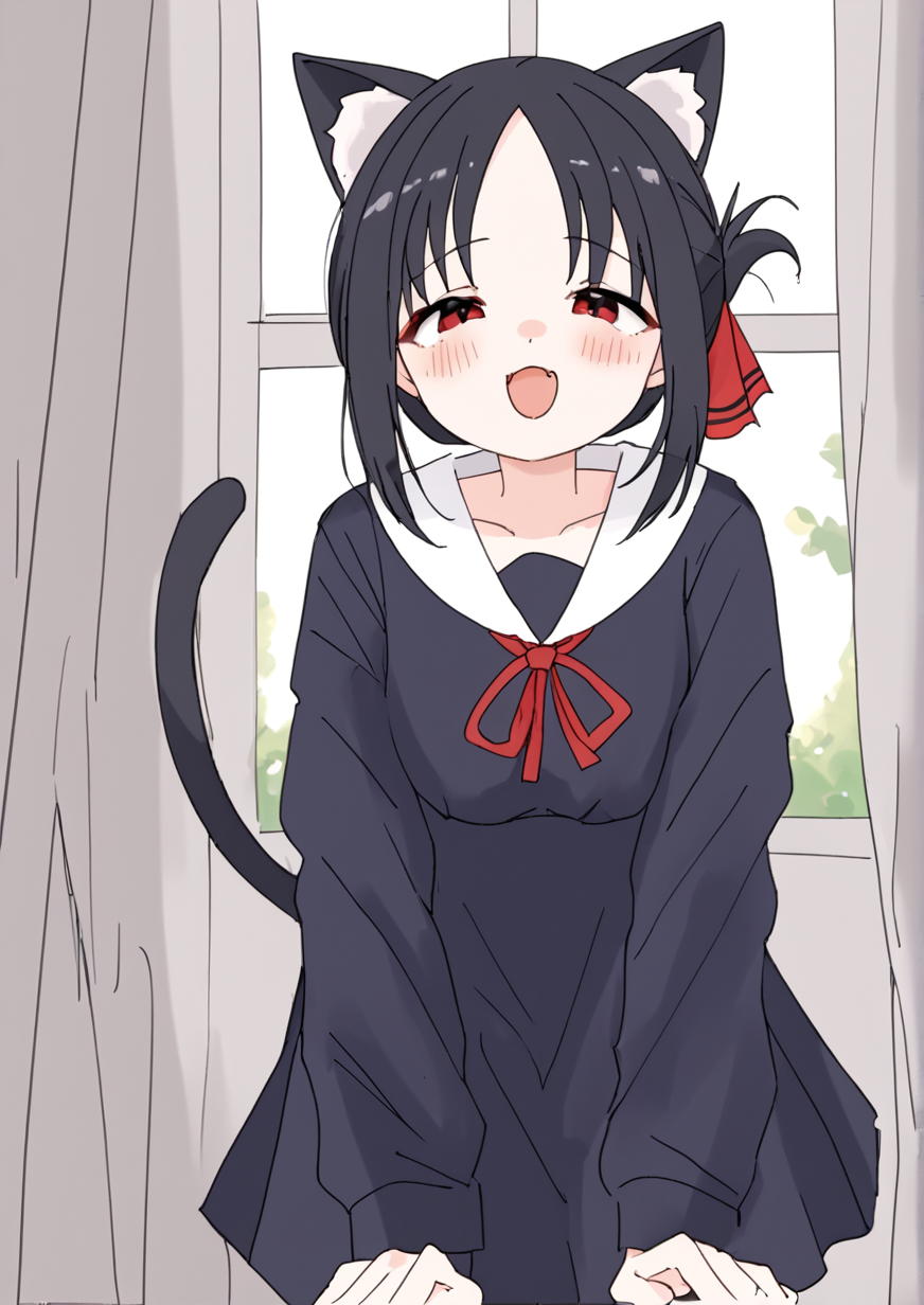 1girl, shinomiya kaguya, huge breast, animal ears, black dress, black hair, blush, breasts, cat ears, cat tail, collarbone, curtains, dress, fang, folded ponytail, hair ribbon, indoors, looking at viewer, open mouth, parted bangs, red eyes, red ribbon, ribbon, school uniform, short hair, shuuchiin academy school uniform, sidelocks, skin fang, solo, tail, window, , zPDXL3 <lora:bobok:1>