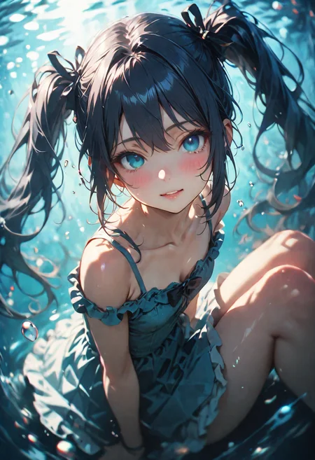 1girl, hatsune miku, vocaloid, solo, long hair, dress, twintails, blue hair, blue eyes, black dress, bubble, underwater, looking at viewer, ribbon, collarbone, parted lips, hair ribbon, air bubble, floating hair, very long hair, sleeveless, sleeveless dress, black ribbon, bangs, eyebrows visible through hair, bare shoulders, frilled dress, hair between eyes, feet out of frame, frills, sitting, bare arms, blue background, bare legs, breasts, small breasts, knees up, spaghetti strap, arms at sides, submerged, short dress, cleavage, aqua hair, black bow, water, shiny hair, aqua eyes, blue theme, head tilt, teeth, simple background, knees together feet apart, thighs, hair bow, sidelocks, bow, shiny, eyelashes, smile, open mouth, alternate costume, layered dress, hair ornament, legs, half-closed eyes, empty eyes, hair intakes, flat chest, fish, blush, legs together, expressionless, water drop, colored eyelashes, grey background, medium breasts, eyes visible through hair, 39, light blush, gradient background, tareme, pleated dress, gradient, shaded face, lips, light particles, caustics, blue dress, skirt, grey dress, tears, dark background, sundress, off-shoulder dress, light smile, eyebrows, two side up, profile, from side,
Chiaroscuro, cowboy shot, (face focus, close-up legs:1.2), (dynamic pose, dynamic angle:1.2), (ai-assisted:1), (realistic, photorealistic:1),
(masterpiece, best quality, ultra-detailed, very aesthetic:1.5), (illustration:1), disheveled hair, perfect composition, moist skin, intricate details, (pale color, flat color, oekaki, tegaki, sketch, outline:0.5), film, bokeh, professional, blur, lomo<lora:Toy_Camera:0.6>
