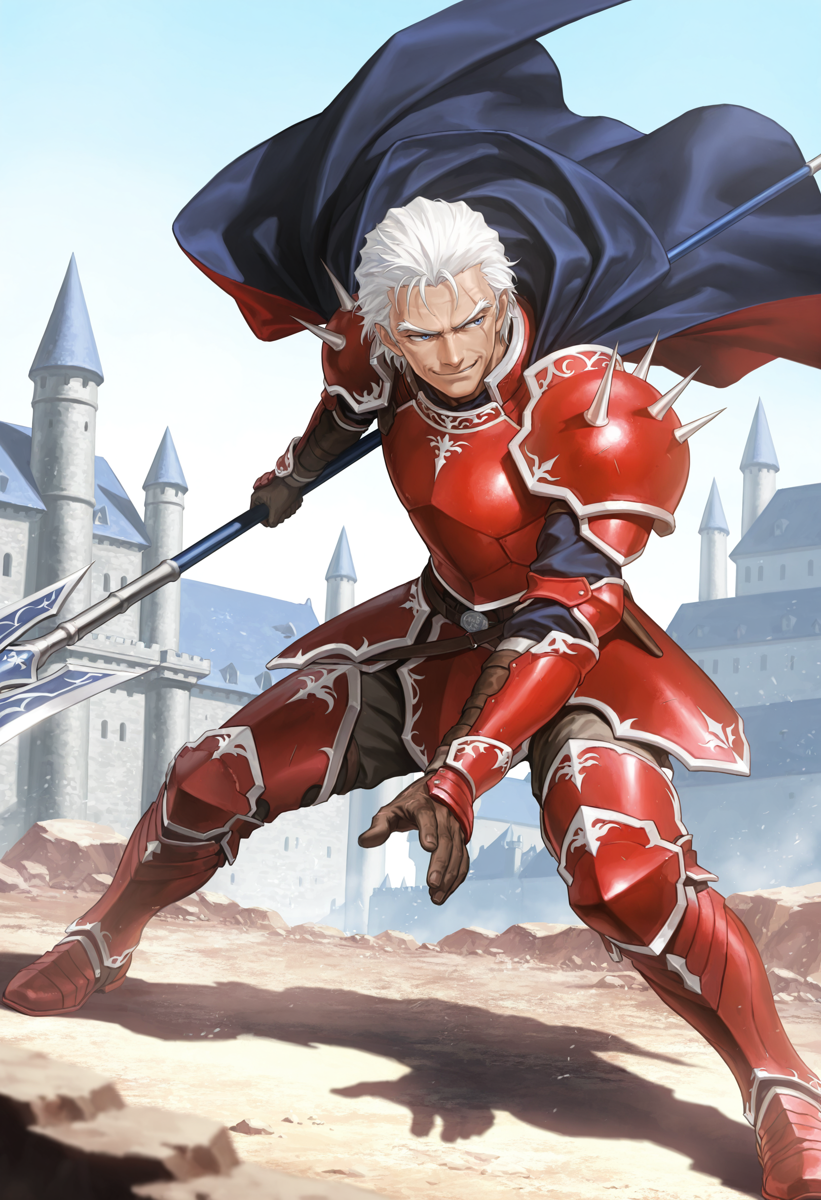 masterpiece,extreme detailed,SmoothNoob_Quality,day,outdoors,castle,full body BREAK jagen_(fe),1boy,white hair,blue eyes,(old man:0.9),scar,red armor,cape,spikes,<lora:jagen_(fe)-IL:1>,holding polearm,<lora:NOOB_vp1_detailer_by_volnovik_v1:1>,fighting stance,smirk,