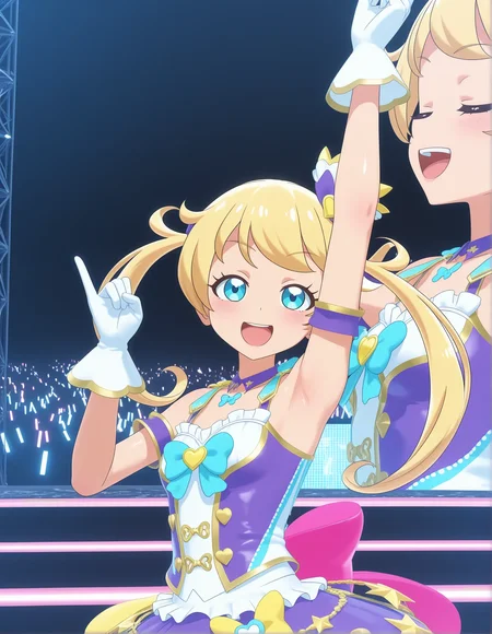1girl, kiratto pri chan,
solo, anime coloring, jealousy, (stage:1.3), (concert:1.3), dancing, closed eyes, moegiemo3d, 3d, blue eyes, hair ornament, blonde hair, twintails, small breasts, idol clothes, :d, blush, star \(symbol\), skirt, arm up, smile, breasts, white gloves, looking at viewer, gloves, armpits, upper body, shiny skin, screen zoom, from side, idol, pinky out, glowstick, teeth, open mouth,
best quality, very aesthetic, newest, masterpiece, absurdres, highres, anime screenshot, safe
<lora:il-prichan-emo1.0:1>