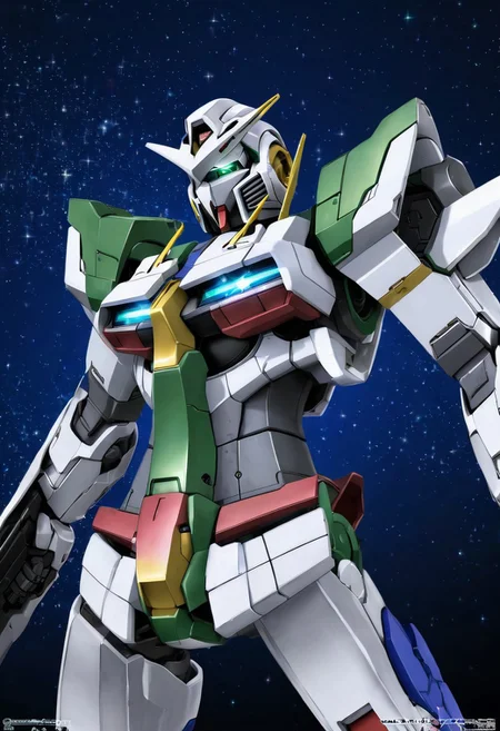 concept art, anime, illustration, (source_anime), gundam_00, gundam, ((gundam_exia)),  gn_drive, gn_particles, v-fin, white_armor, blue_armor, grey_armor, glowing_eyes, (green_eyes), light_particles, sparks, sword, weapon, mecha, mobile_suit,robot, no_humans, science_fiction,