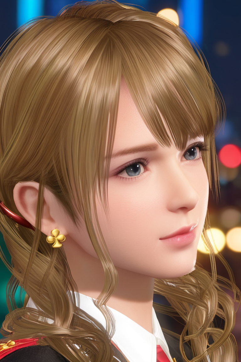 score_9,score_8,score_7_up,best quality,high detailed,realistic,   monica \(doaxvv\), 1girl, solo, looking away, grey eyes, blonde hair, swept bangs, twin braids, curly hair, (gold clubs earring), dark red hairclips, very close-up, eye focus, from side, realistic, city_lights, bokeh,        <lora:doa_monica_pdxl_v11:0.7500000000000001>