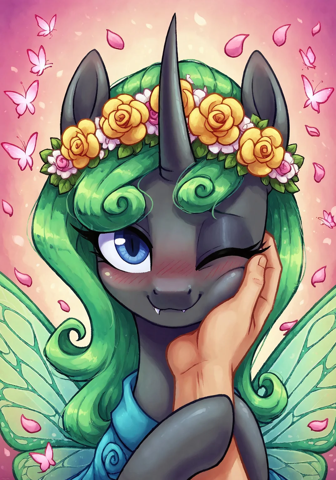 masterpiece, score_9_up, score_8_up, score_7_up, score_6_up, source_pony, (best quality:1.1), ultra-detailed, high resolution, highly detailed macro illustration, solo BREAK 1girl, Aurantia, (changeling queen), mlp, feral, female, black skin, shiny skin, long mint-green mane, (beautiful dark blue eyes), long eyelashes, single horn, ears, (insect wings:1.3), (smug expression, cute face:1.2), fang out BREAK <lora:guided-hand-on-cheek-ponyxl-lora-nochekaiser:0.9>, guided hand on cheek, hand grab, hand on another's cheek, hand on another's face, looking at viewer, pov, pov hands, blush, one eye closed, caress, caressing cheek (upper body shot), (close-up) BREAK (floral headpiece:1.4), (fairy-like dress with layered tulle, petals and glowing accents:1.4) BREAK abstract spring background, (flowers:1.4), (butterflies:1.4) BREAK sharp focus, perfect lighting, anatomically correct, extremely detailed, high detail, detailed background, OverallDetail, zPDXL3