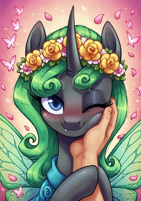 masterpiece, score_9_up, score_8_up, score_7_up, score_6_up, source_pony, (best quality:1.1), ultra-detailed, high resolution, highly detailed macro illustration, solo BREAK 1girl, Aurantia, (changeling queen), mlp, feral, female, black skin, shiny skin, long mint-green mane, (beautiful dark blue eyes), long eyelashes, single horn, ears, (insect wings:1.3), (smug expression, cute face:1.2), fang out BREAK <lora:guided-hand-on-cheek-ponyxl-lora-nochekaiser:0.9>, guided hand on cheek, hand grab, hand on another's cheek, hand on another's face, looking at viewer, pov, pov hands, blush, one eye closed, caress, caressing cheek (upper body shot), (close-up) BREAK (floral headpiece:1.4), (fairy-like dress with layered tulle, petals and glowing accents:1.4) BREAK abstract spring background, (flowers:1.4), (butterflies:1.4) BREAK sharp focus, perfect lighting, anatomically correct, extremely detailed, high detail, detailed background, OverallDetail, zPDXL3