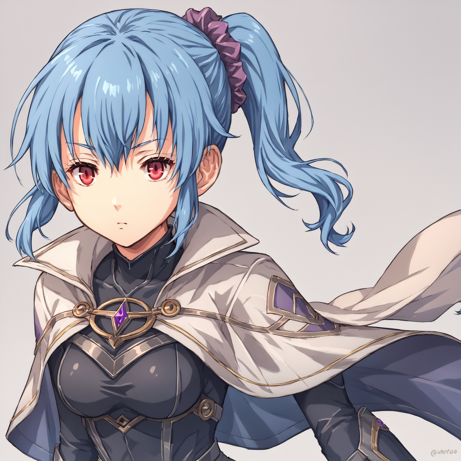 score_9,score_8_up,score_7_up,rating_safe,1girl,<lora:ClaireRieveldtIronblood:0.9>,Claire Rieveldt,blue hair,side ponytail,scrunchie,red eyes,medium breasts,black bodysuit,skintight bodysuit,white capelet,white waistcloak,<lora:falcom_adetailer:1>,