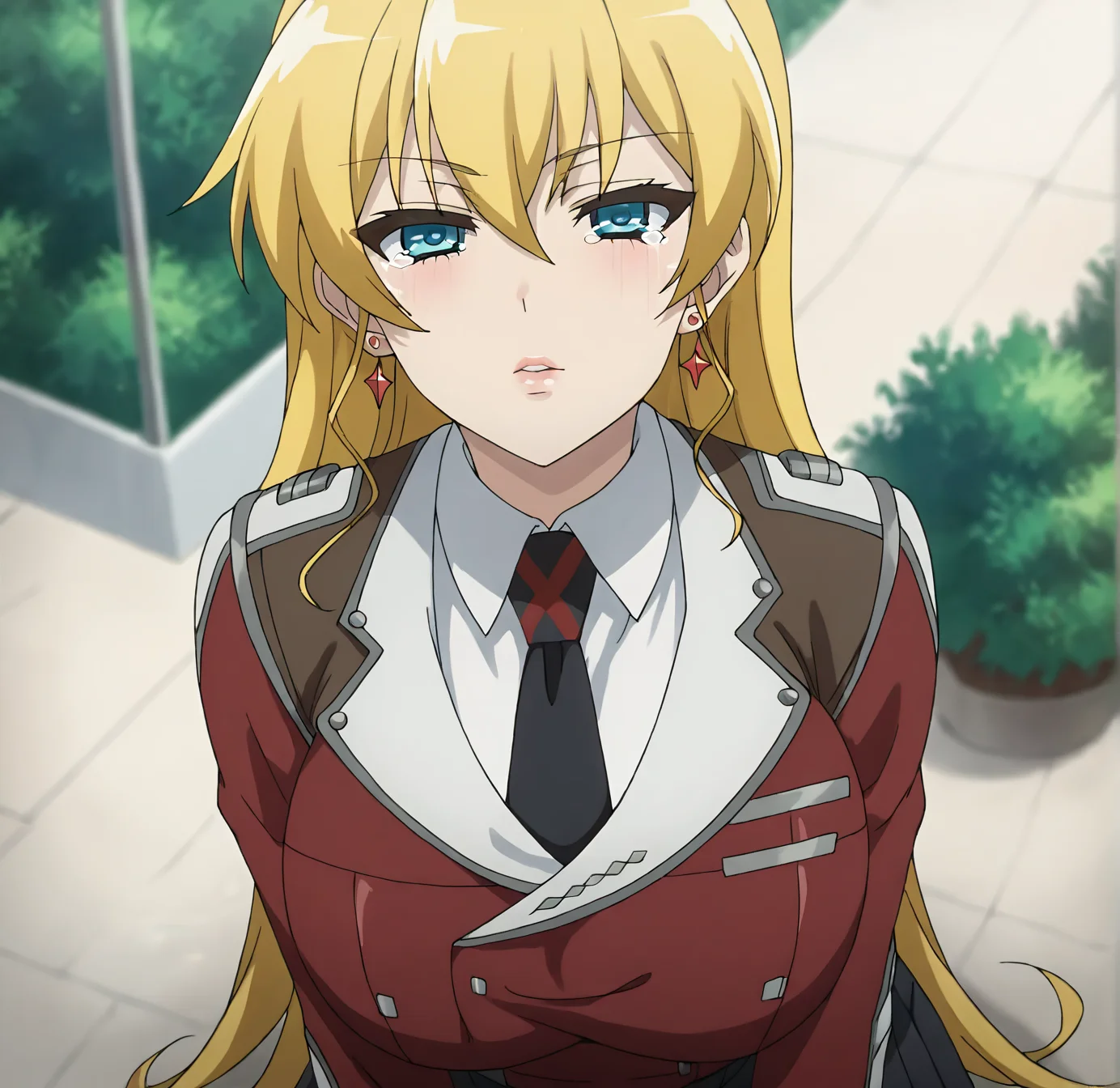 score_9,score_7_up, BREAK source_anime,1girl,solo, (shoot from front,from above)<lora:Claire_H_v1:0.9>Claire_H, long hair,blonde hair,star earrings,blue eyes,large breasts,outdoors , closeup shot,necktie, school uniform, ,red jacket,teary eyes,half closed eyes,face waiting for kiss,pov,,looking at veiwer,lips