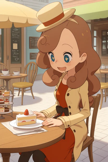 masterpiece, best quality, amazing quality, katriellelayton, 1girl, solo, sitting, drooling, sparkling eyes, open mouth, smile, upper body, looking down, black ribbon, brown hair, blue eyes, small brown hat, brown coat, red dress, black leggings, blue shoes, outdoors, cafe, parasol, table, chair, cake slice