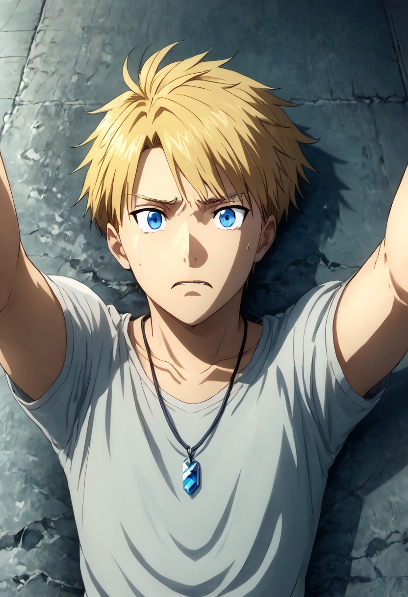 high resolution, solo, best quality, 1Boy, Yamato Ishida, Blonde Hair, Blue Eyes, Necklace, Lying face down, arms outstretched, overpowered, dominated,