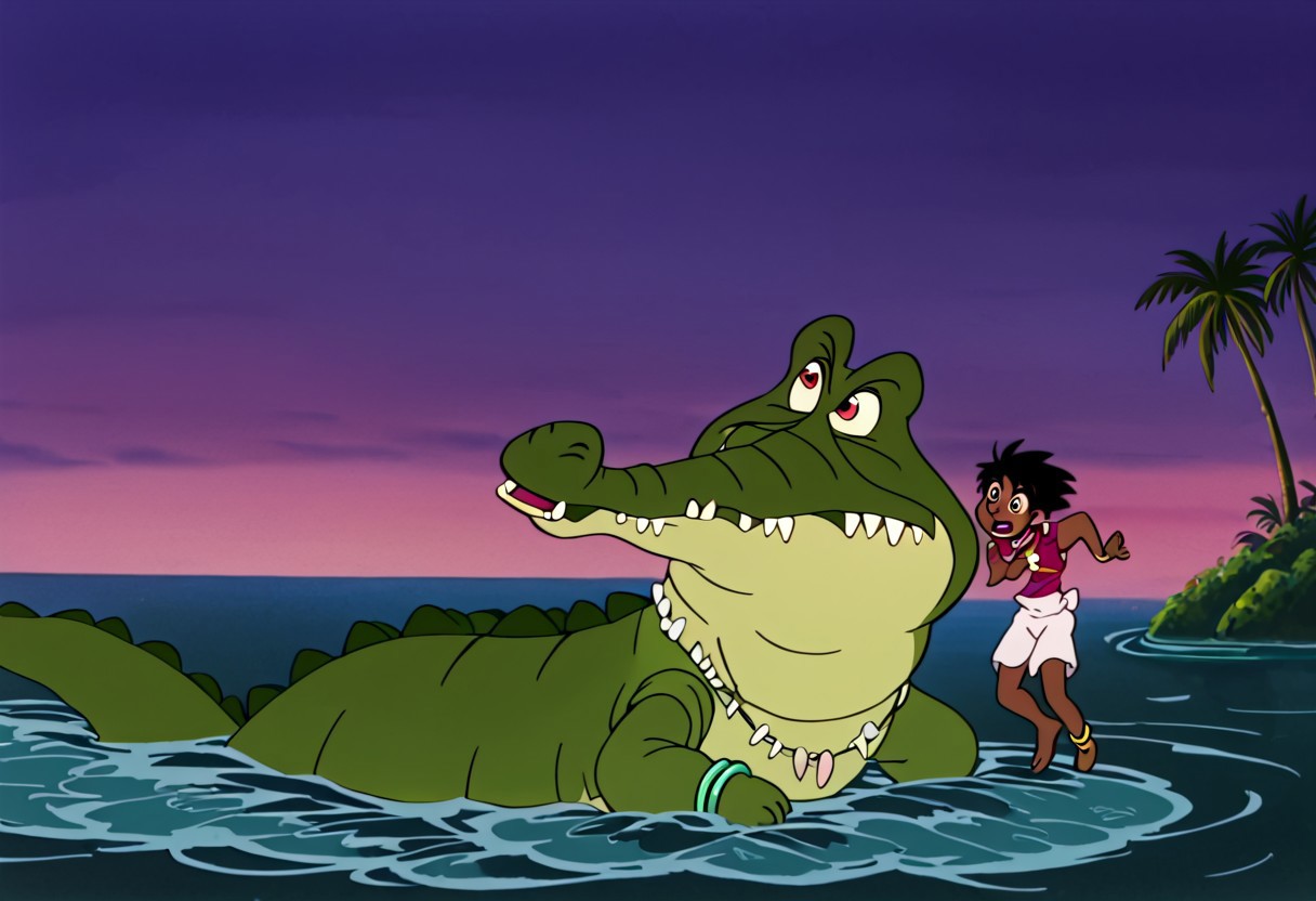 Tick tock crocodile,male animal focus,tail, crocodile open large mouth ,green skin, blue eyes, Tick Tock the crocodile is giant and very huge size,teeth, swimming in water,partially submerged,Tick Tock the crocodile looking at a young Choi mochimazzi who she is sitting on Tick Tock the crocodile belly floating on the water on his back. choim,Choi mochimazzi ,short hair, black hair, red eyes, dark-skinned female,purple eyes,
dress, jewelry, dark skin, necklace, bracelet, wristband,anklet, barefoot,open mouth,river,palm trees, jungle tropical, Disney, anime,tamako market