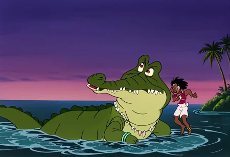 Tick tock crocodile,male animal focus,tail, crocodile open large mouth ,green skin, blue eyes, Tick Tock the crocodile is giant and very huge size,teeth, swimming in water,partially submerged,Tick Tock the crocodile looking at a young Choi mochimazzi who she is sitting on Tick Tock the crocodile belly floating on the water on his back. choim,Choi mochimazzi ,short hair, black hair, red eyes, dark-skinned female,purple eyes,
dress, jewelry, dark skin, necklace, bracelet, wristband,anklet, barefoot,open mouth,river,palm trees, jungle tropical, Disney, anime,tamako market