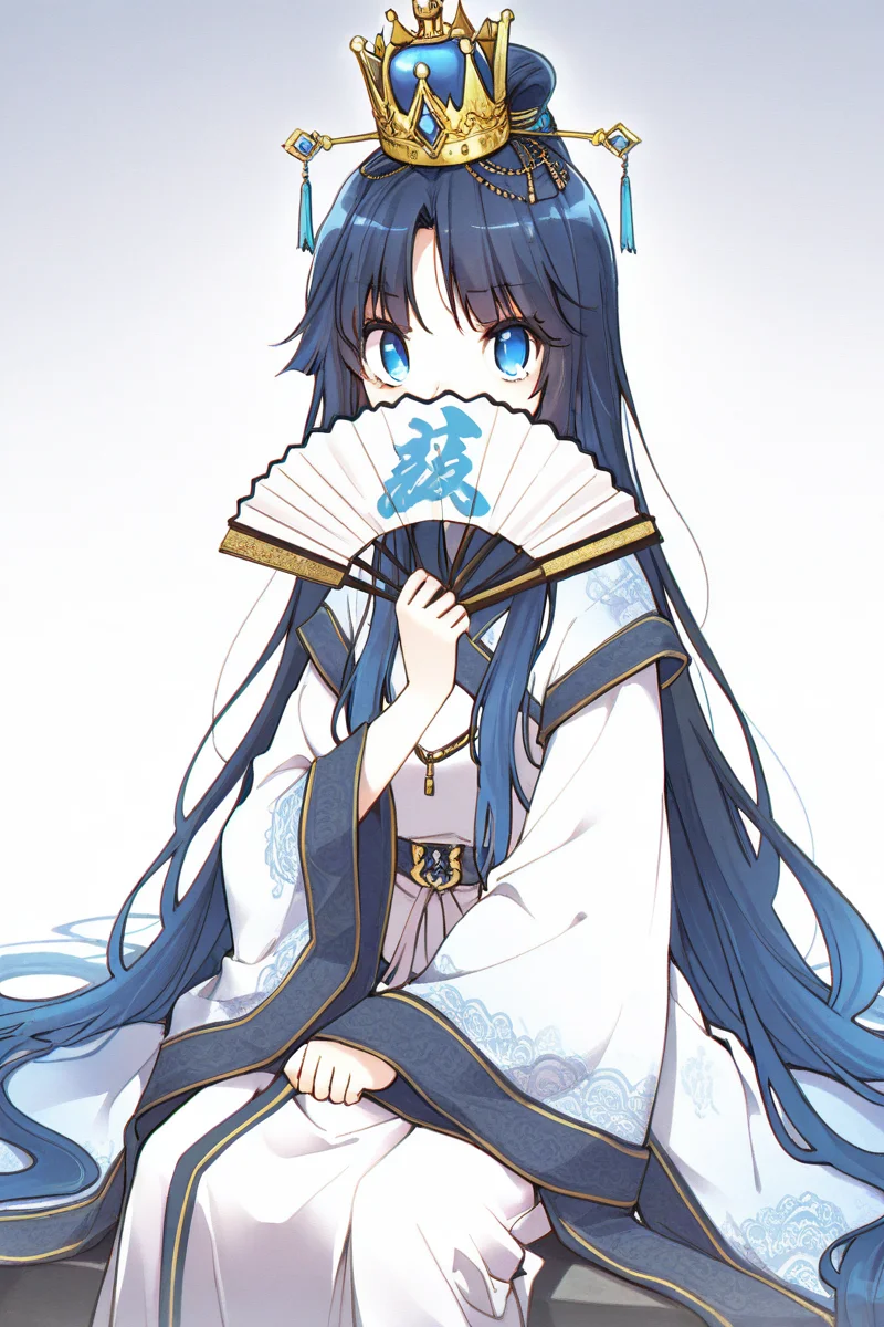 masterpiece, best quality, amazing quality,
 <lora:CrzNghbr_IL:1> crznghbr, hand fan, long hair, solo, folding fan, blue eyes, japanese clothes, black hair, holding fan, sitting, very long hair, wide sleeves, holding, looking at viewer, covering mouth, chinese clothes, 1girl, crown, layered clothes, blue hair