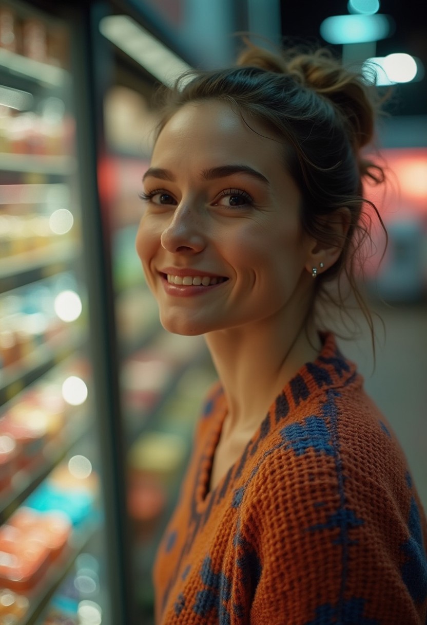 (Candid photography:1.3), face and cleavage closeup from above, A beautiful supermarket, a blushed smiling brunette freckled Woman in high wooly stockings and very short skirt standing at a candy shelf on tiptoes, colorful knitted sweater, cleavage, looking up, messy hairbun, infront of the atmospheric led-adverstisment, crepuscular rays, volumetric lighting, ultra detailed, deep Blacks, very detailed, atmospheric haze, Film grain, cinematic film still, shallow depth of field, highly detailed, high budget, cinemascope, moody, epic, OverallDetail, 2000s vintage RAW photo, photorealistic, candid camera, color graded cinematic, eye catchlights, atmospheric lighting, imperfections, natural, shallow dof,undefined