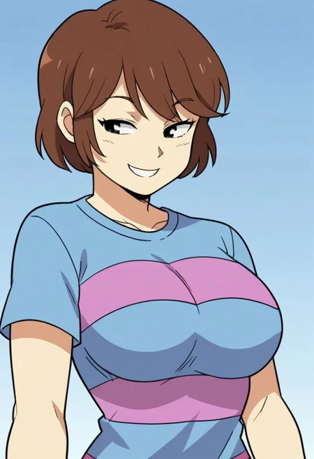 score_9, score_8_up, score_7_up, source_anime, anime screencap,  frisk (dezz), brown hair, short hair, black eyes, large breasts, 1girl, solo, striped, shirt, smile, flat color,
