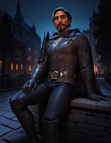cinematic_depth, 8k, soft_lighting, warm_glow, ultra_high_quality, masterpiece, best quality, newest, perfect quality, best quality, detailed background, intricate details, male focus, solo, realistic, <lora:Dragon Age Veilguard - Viago de Riva - Illustrious-000004:0.7>, dav_viago, 1boy, black hair, short hair, dark skin, beard, mustache, blue eyes, leather armor, hooded cloak, single pauldron, leather belt, leather gloves, leather pants, leather boots, outdoors, night, city, buildings, bridge, stone walkway, plants, trees, looking at viewer, sitting on wall