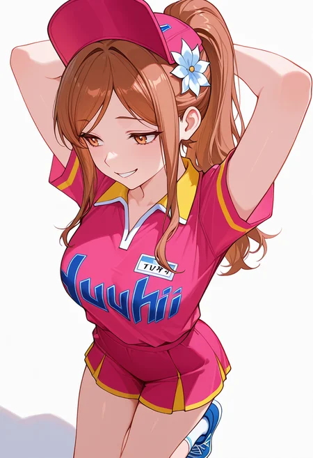 masterpiece,high quality details, absurdres,
<lora:Aona:0.8>enh_cnr,
aona_cnr, 1girl, brown hair, long hair, ponytail, brown eyes, breasts
aona_s1,uniform_cnr, sportswear,pink shirt, short sleeves, shorts,skirt, socks,blue sneakers, hat, hair flower,, simple background, white background, from above,solo,, sad smile,crazy smile,, legs dangling,arms spread wide,arms folded behind head,