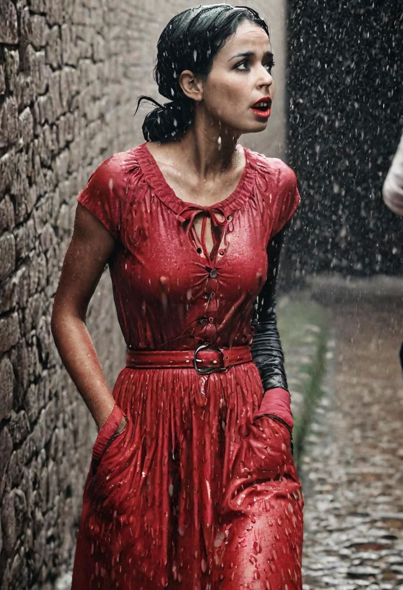 wetshirt, woman standing in a downpour, european village, dirndl dress, (by Steve McCurry, by Alessio Albi, by Lee Jeffries, by Herb Ritts, by Jeremy Mann:0.8), black hair, updo, close-up, leaning against wall, cobblestone, rain, street, bokeh, red ribbons, wetshirt