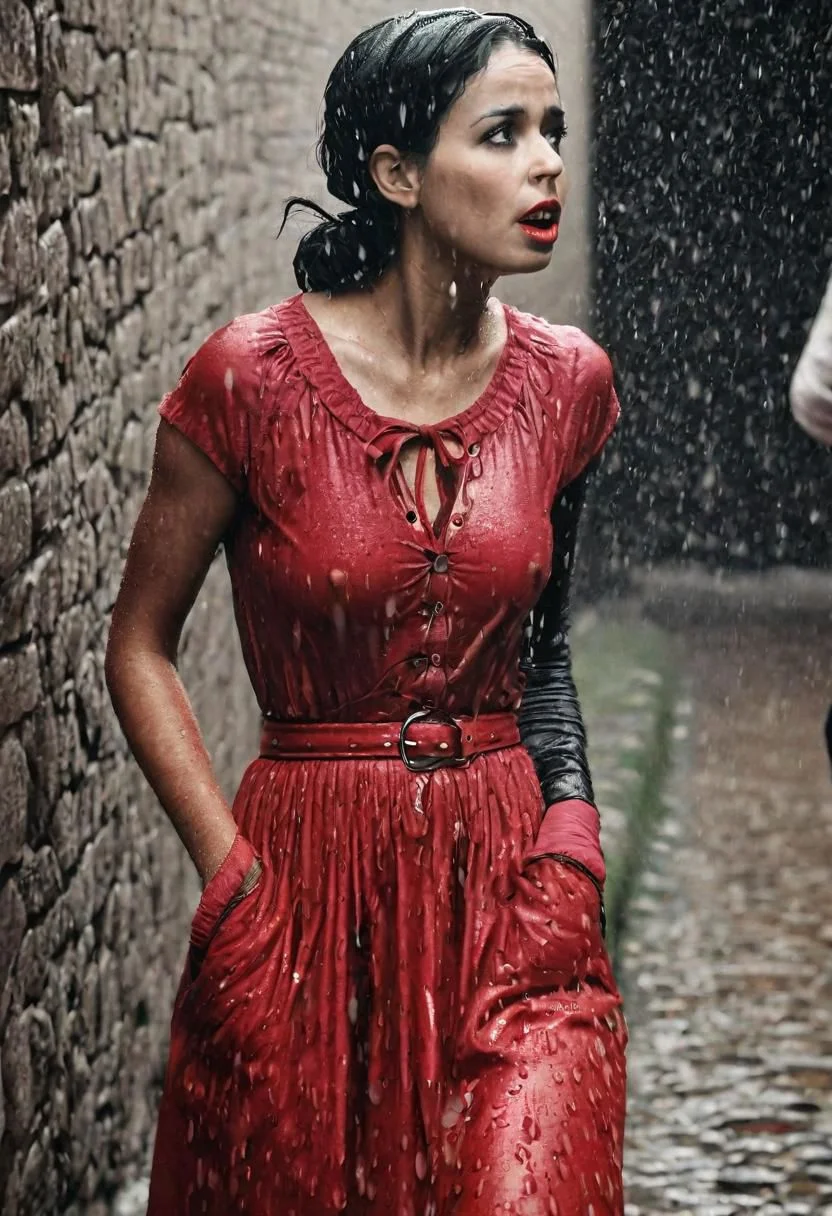 wetshirt, woman standing in a downpour, european village, dirndl dress, (by Steve McCurry, by Alessio Albi, by Lee Jeffries, by Herb Ritts, by Jeremy Mann:0.8), black hair, updo, close-up, leaning against wall, cobblestone, rain, street, bokeh, red ribbons, wetshirt