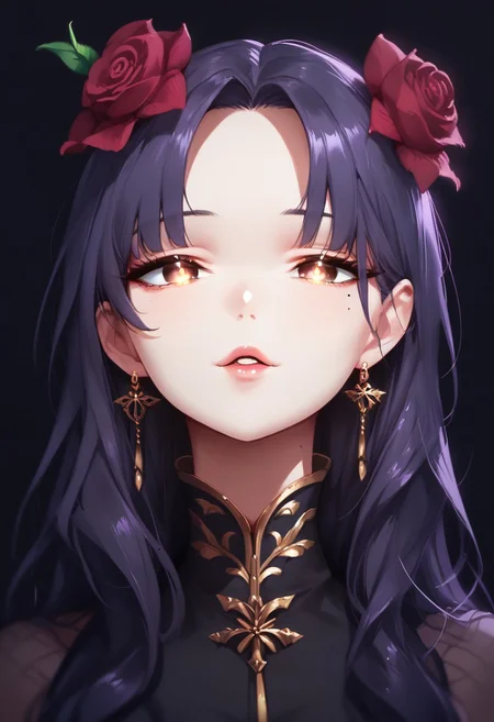 Yamada_Anna, brown eyes, Expressiveh,  g0thicPXL, zPDXL, score_9, score_8_up, score_7_up, score_6_up, 
1girl, flower, mole, solo, portrait, rose, glowing, mole under eye, parted lips, looking at viewer, simple background, black background, purple theme, glowing eyes