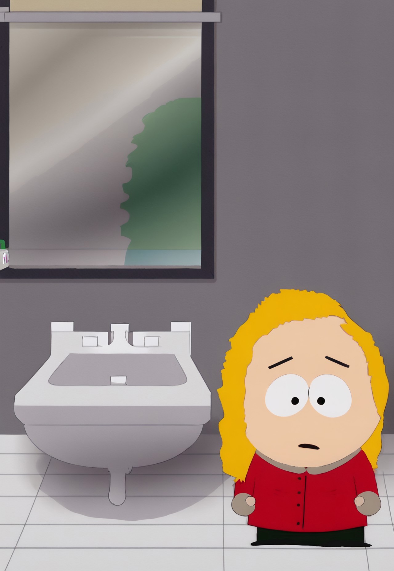 bebe stevens from south park, parody, 1girl, child, solo, curly blonde hair, black dot eyes,
red jacket with gray trim, dark green pants, gray mittens
bathroom, sink