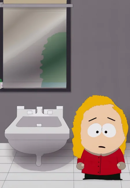 bebe stevens from south park, parody, 1girl, child, solo, curly blonde hair, black dot eyes,
red jacket with gray trim, dark green pants, gray mittens
bathroom, sink