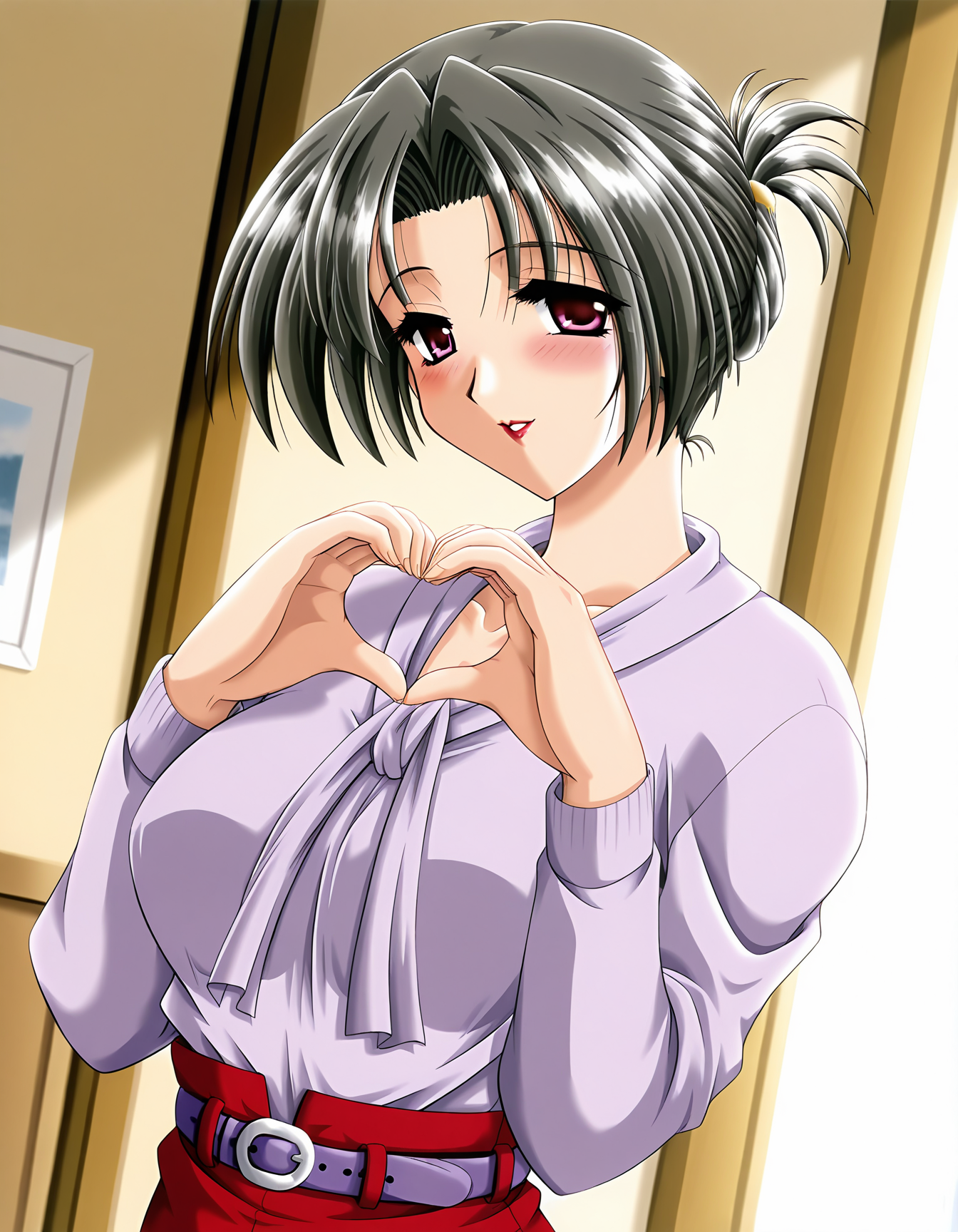 masterpiece, best quality, amazing quality, official art, very aesthetic, ultra highres, absurdres, highly detailed
1girl, mature female, solo, maioka_kaede, short hair, folded ponytail, black hair, pink eyes, makeup, 
purple long sleeves, belt, red skirt, 
blush, seductive smile, parted lips, looking at viewer, 
standing, heart hands, 
in room, upper body, deep contrast of light and dark, sharp focus, depth of field, 
<lora:maioka kaede v1.1-000011:1>