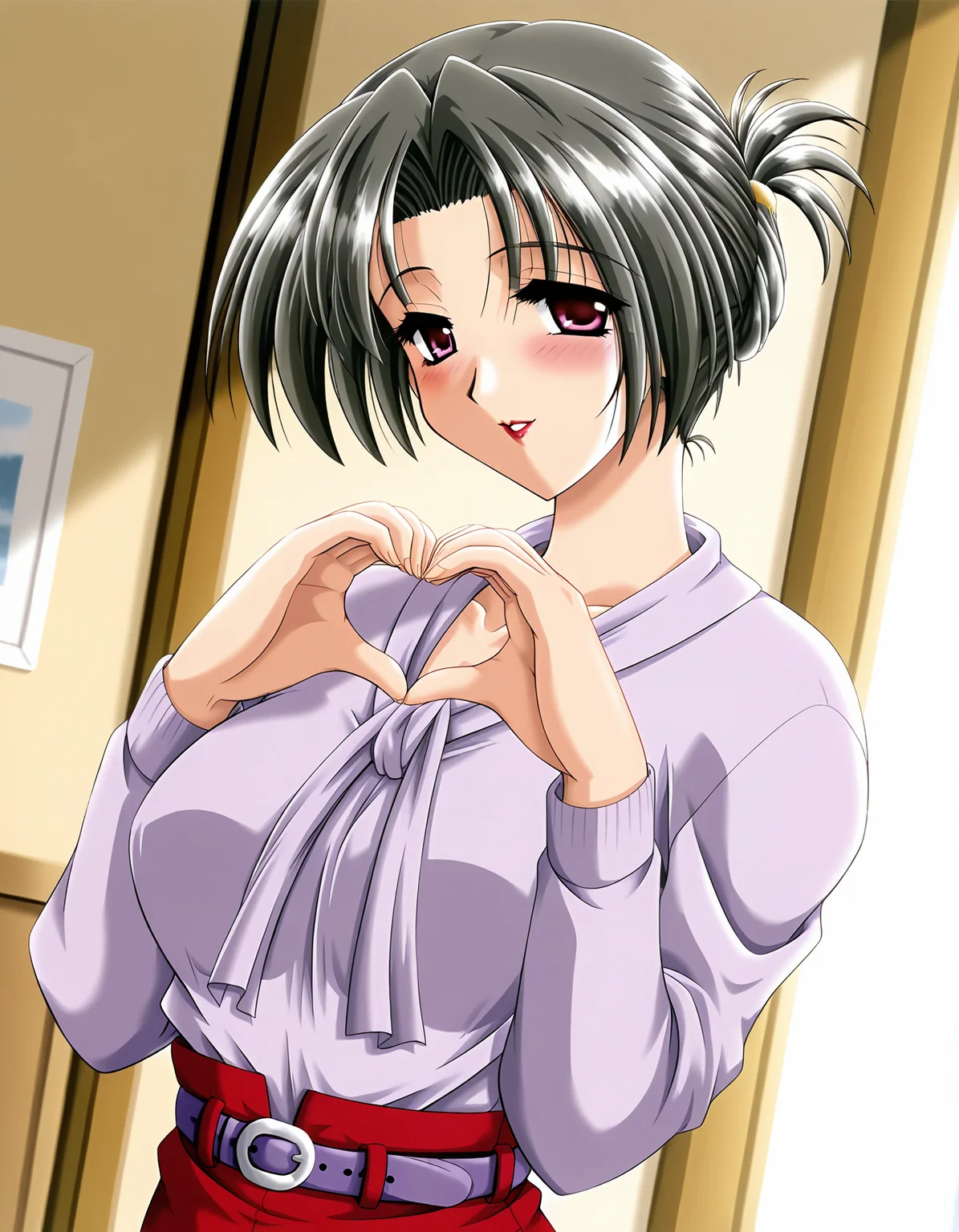 masterpiece, best quality, amazing quality, official art, very aesthetic, ultra highres, absurdres, highly detailed
1girl, mature female, solo, maioka_kaede, short hair, folded ponytail, black hair, pink eyes, makeup, 
purple long sleeves, belt, red skirt, 
blush, seductive smile, parted lips, looking at viewer, 
standing, heart hands, 
in room, upper body, deep contrast of light and dark, sharp focus, depth of field, 
<lora:maioka kaede v1.1-000011:1>