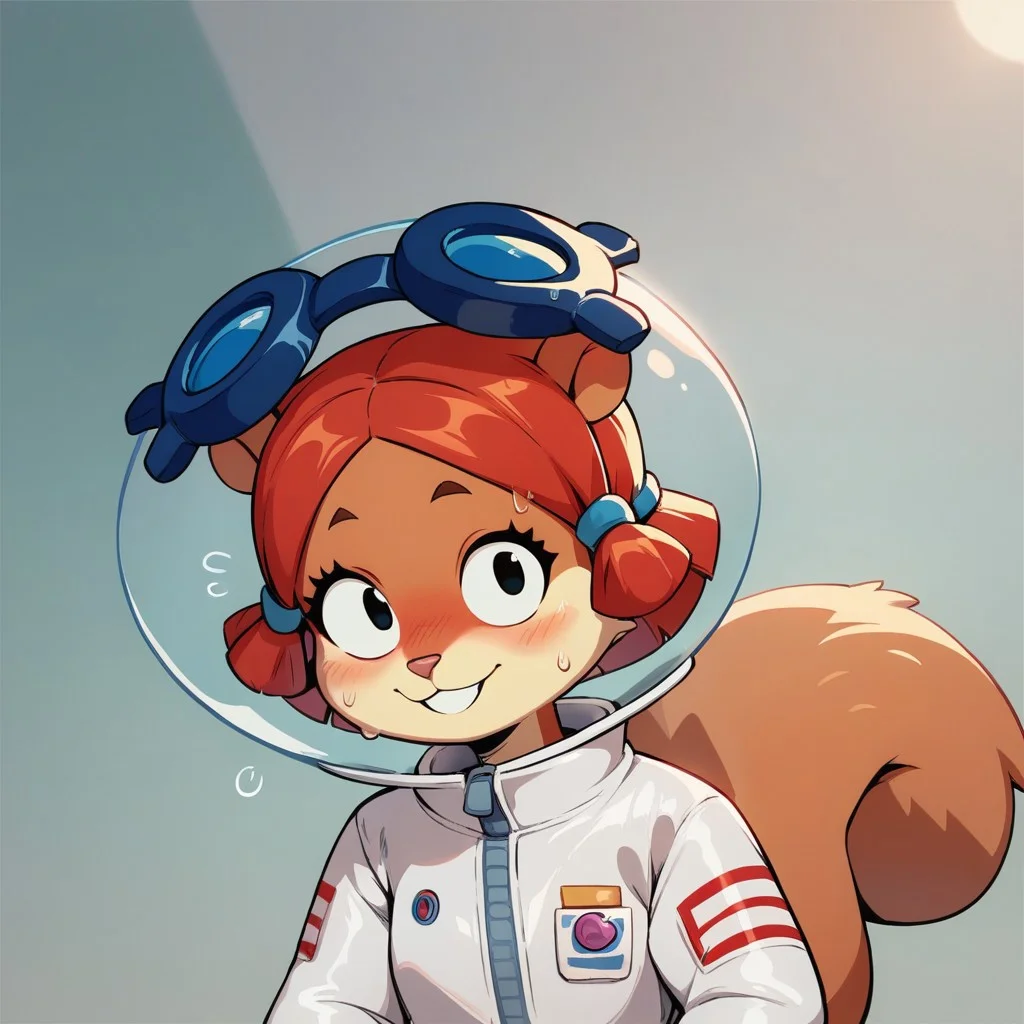 Score_9, Score_8_up, Score_7_up ,, sdjs , 1 girl , furry , Squirrel Girl , Red Hair, Short Hair, Glass Helmet, Goggles on Headwear , white jumpsuit, , blush ,looking_at_viewer ,sweating , solo , Smiling