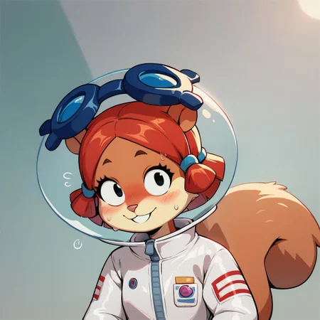 Score_9, Score_8_up, Score_7_up ,, sdjs , 1 girl , furry , Squirrel Girl , Red Hair, Short Hair, Glass Helmet, Goggles on Headwear , white jumpsuit, , blush ,looking_at_viewer ,sweating , solo , Smiling