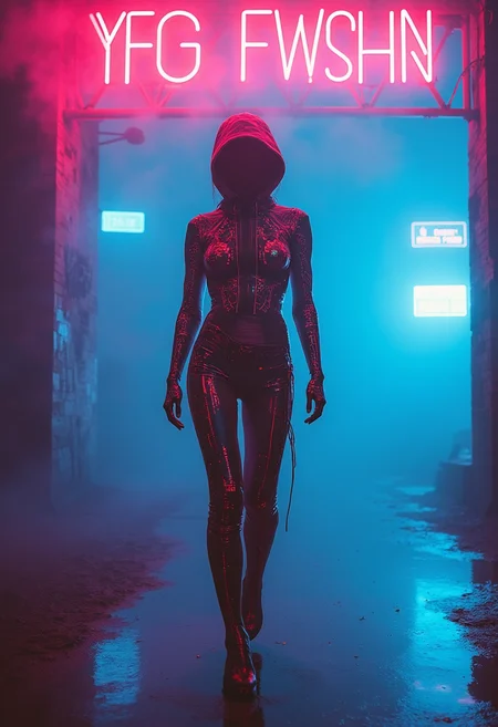 yfg-fwshn Hyper-stylized catwalk scene showcasing an avant-garde female model in form-fitting circuitry-patterned attire, illuminated by vibrant holographic spotlights; incorporate large, bold **YFG FWSHN** text at the top, giving a striking poster vibe with metallic elements and crisp shadows