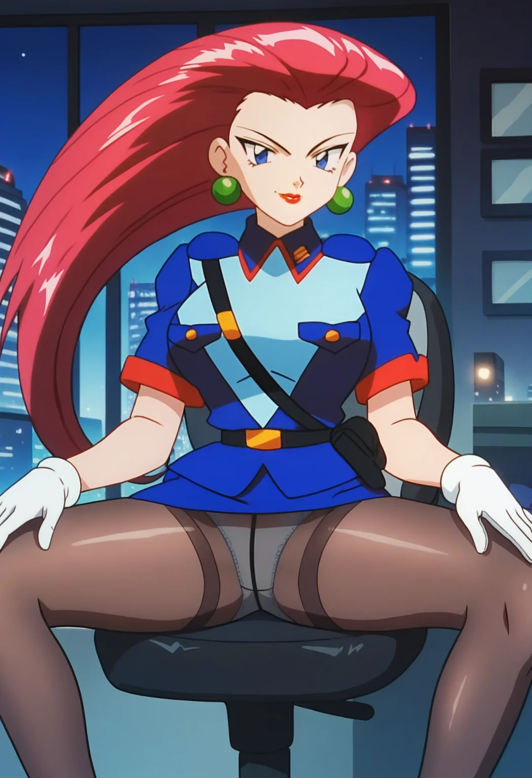 score_9, score_8_up, score_7_up, score_6_up, anime screencap, anime coloring, <lora:PMJessieV2:0.9>, PMJessie, red hair, long hair, blue eyes, lipstick, earrings, breasts,
police uniform, short sleeves, white gloves, belt, fanny pack, pencil skirt, blue skirt, black pantyhose, shiny legwear,
sitting, swivel chair, looking at viewer, seductive smile, seductive pose, spread legs, panties under pantyhose,
BREAK indoors, night, office, cityscape, city lights, dark background, window,