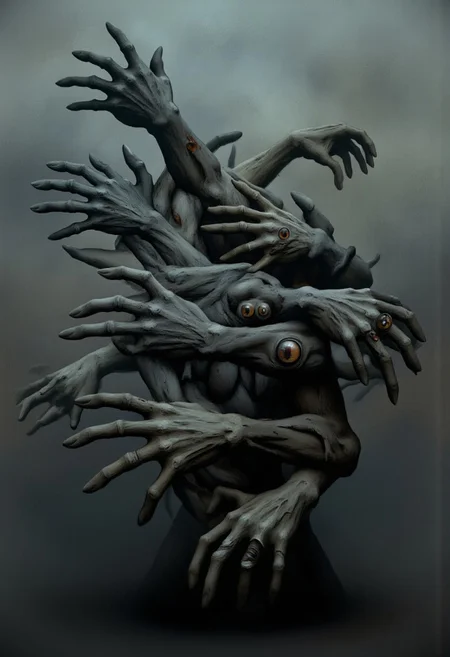 aidmaMJ6.1, Made out of paper, a PaperStyle , d4artstyle, d4concept, , d00mstyle, made of clay, ZBClay model of a gray sculpture
A nightmarish entity composed of multiple disembodied hands, each twisted and mutated with grotesque features. The hands appear decayed and withered, with torn skin and exposed muscle. Some hands have additional, unnatural elements, such as bulging eyes embedded in their palms or elongated, claw-like fingers. The overall form is chaotic, as the hands reach out in different directions, as if animated by a sinister will. Each hand seems to possess its own malevolent awareness, with the embedded eyes scanning the surroundings in an unnerving manner. The creature exudes an aura of horror and surrealism, embodying a blend of grotesque disfigurement and unnatural animation.
Background solid color with a faded dimly lit, fog-covered darkness tone that emphasizes its silhouette. 
 The medium is not a traditional painting or illustrative medium like watercolor or ink but rather a digital rendering, eerie and unsettling.