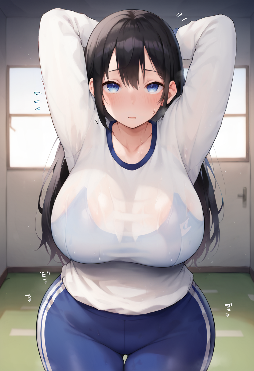 score_9, score_7_up,  1girl, 
huge breasts, wide hips, thick thighs, blush, hair intakes, curvy, sweatdrop, alternate hairstyle, thighs, :>, black hair, sweatpants, tight pants, pants, white shirt, looking at viewer, shirt, gym uniform, flying sweatdrops, sweat, hair down, solo, long sleeves, alternate breast size, arms up, arms behind head, tight clothes, collarbone, blue eyes, breasts, bouncing breasts, long hair
 <lora:hamu_767-Style-PonyXL-GLoRA-000038:1>