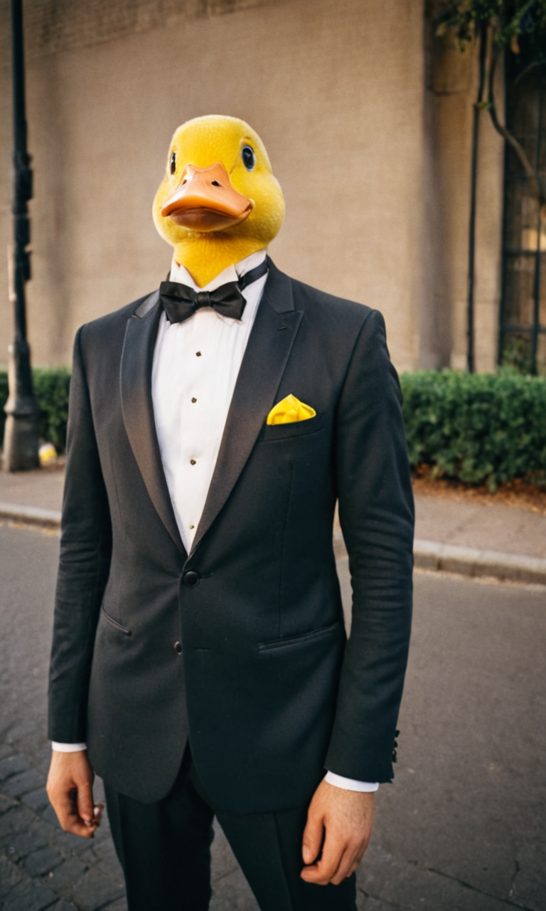 a man posing for a picture in the street, close shot, portrait, wearing tuxedo black suit with a yellow duck drawn on it