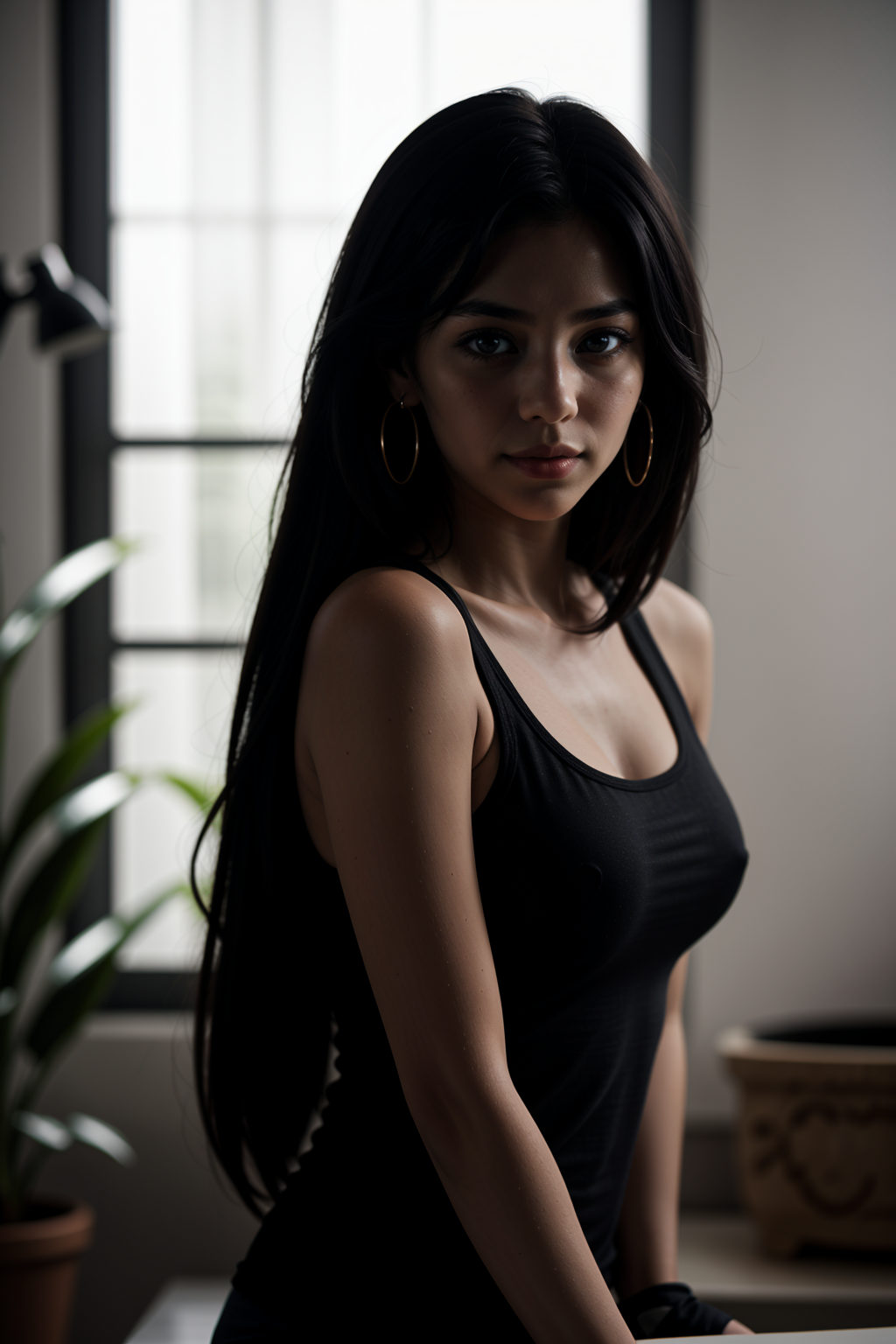 1girl,  black hair, earrings,   gloves, indoors, long hair, looking at viewer, potted plant, solo, tank top, upper body, window, close-up, 
masterpiece, best quality, intricate detail,       <lora:LCM_LoRA_Weights_SD15:1> <lora:backlight_slider_v10:-1>