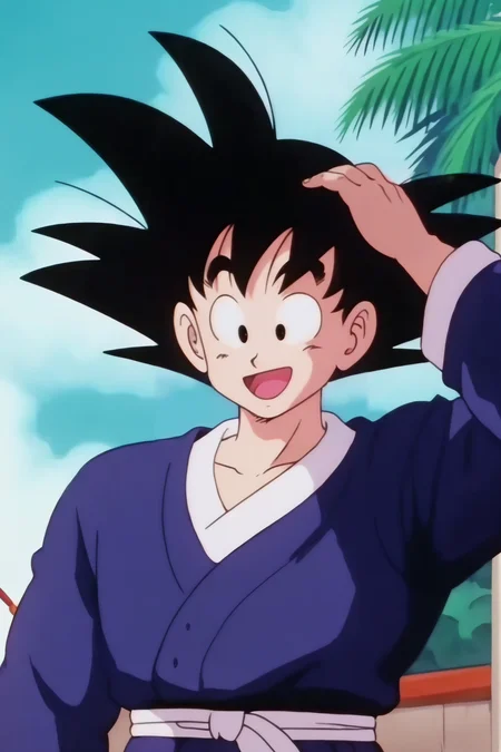 source_anime, score_9, score_8_up, score_7_up, anime screencap,8k, absurd res,
son goku, aged up, solo, smile, open mouth, black hair, 1boy, upper body, :d, male focus, outdoors, sky, day, black eyes, tree, blue sky, spiked hair, palm tree, dougi, raised eyebrows, weapon on back, nyoibo, looking at another, hand on head, long sleeves, black undershirt, blue kimono, collarbone, 1980s \(style\), retro artstyle
<lora:gokudb_pony_v2:0.8>