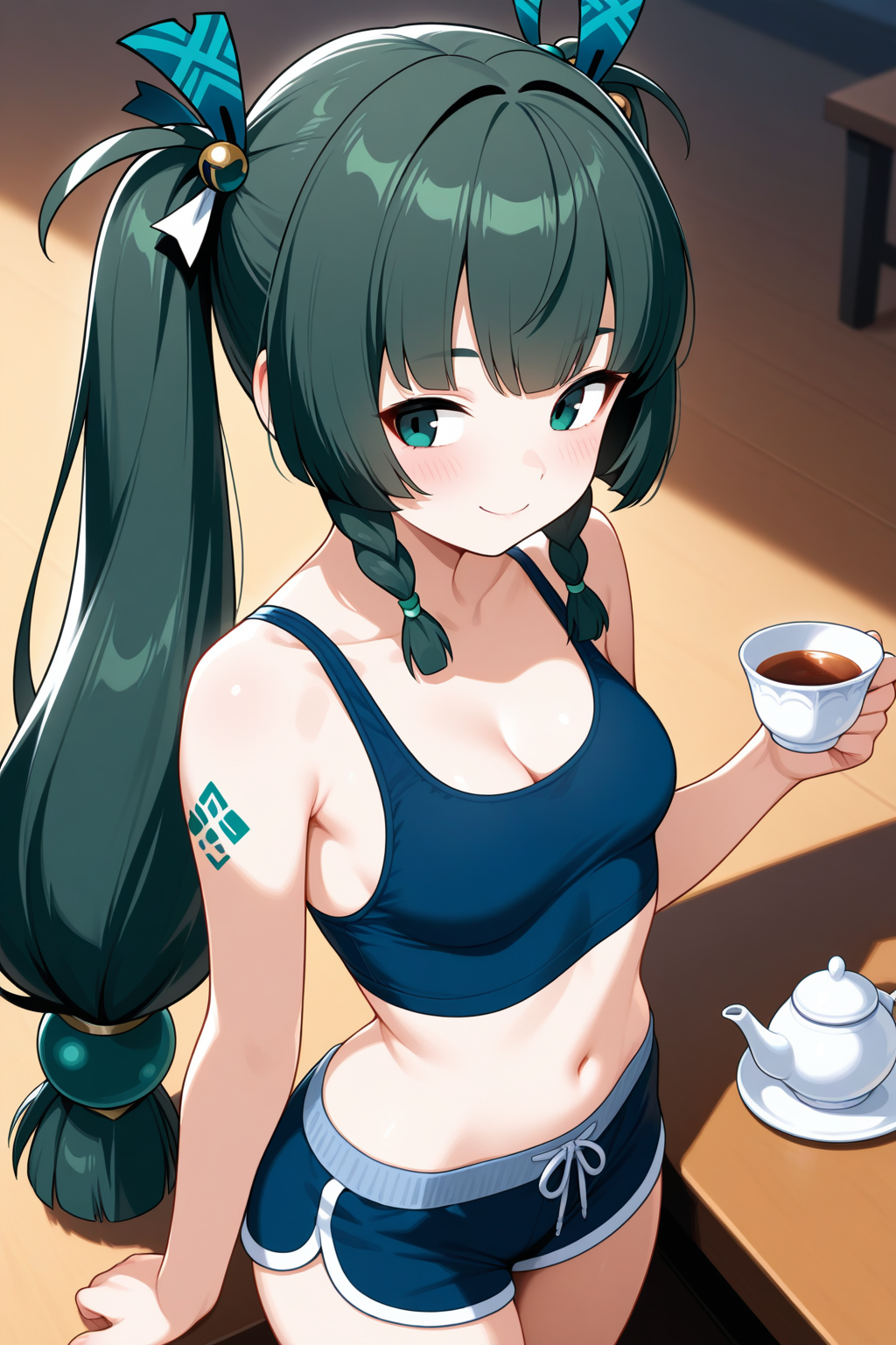 masterpiece, best quality, amazing quality, qingyi \(zenless zone zero\), 1girl, android, bare shoulders, blush, body markings, breasts, cleavage, closed mouth, cup, dolphin shorts, from above, from behind, green hair, hair ornament, holding, holding cup, long hair, looking back, navel, shorts, smile, solo, stomach, table, teacup, teapot, twintails, very long hair