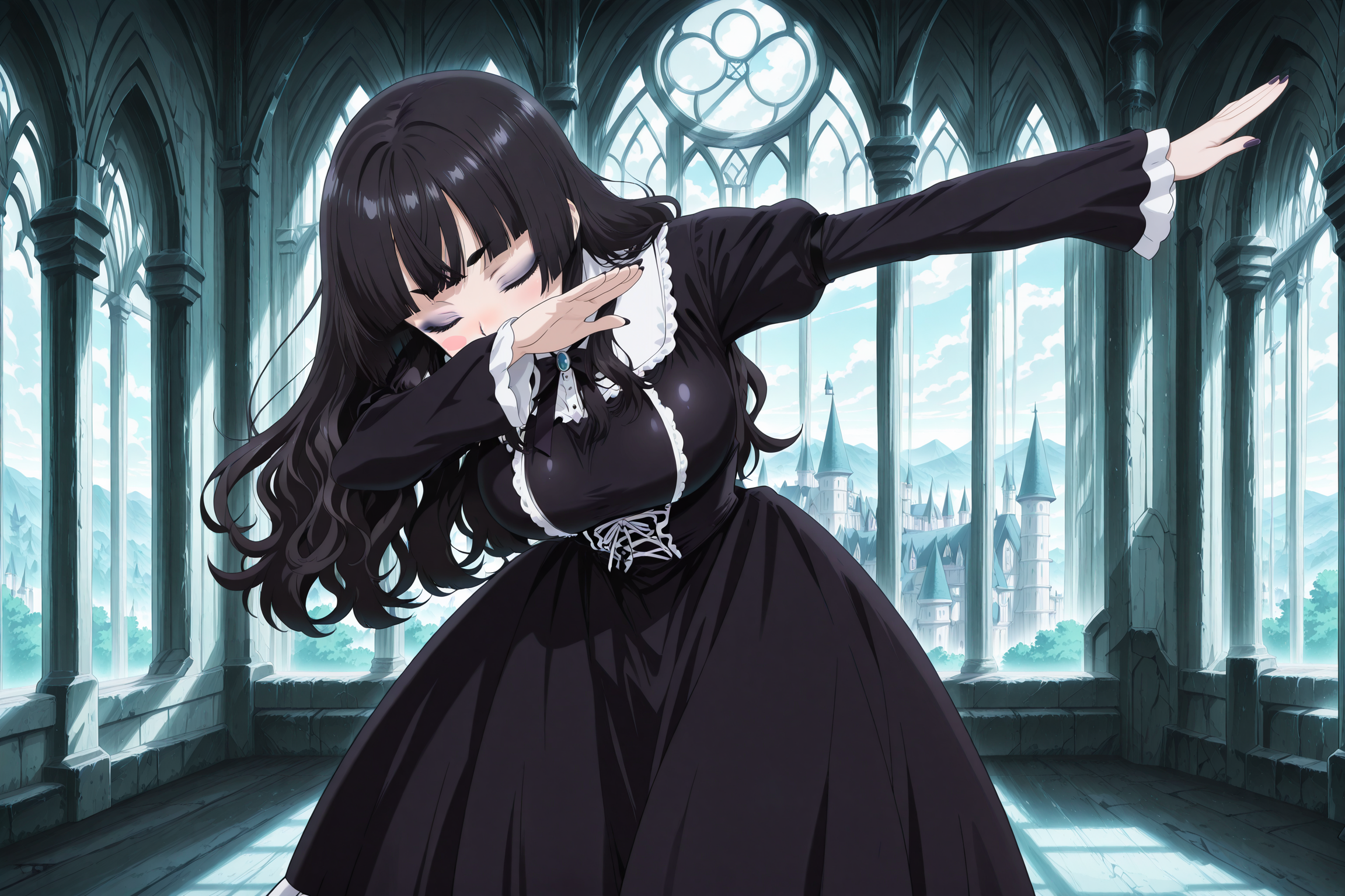 anime screencap, anime coloring, detailed face, masterpiece, best quality, very aesthetic, absurdres, volumetric lighting, official style, amazing quality, ultra detailed, highres, amazing quality, scenery, beautiful detailed hair, beautiful detailed eyes,
<lora:StS-Illustrious-Detail-Slider-v1.0:4>
inside, in a gothcing castle,
 <lora:Dab:1>outstretched arm, covered face, dabbing (pose),
 <lora:Emi_Erokuro_MetalchromeX_official_mascot_character:0.8> 1girl, solo, closed eyes, black hair, black eyebrows, blush stickers, large breasts, long hair, wavy hair, hair down, bangs, hime cut, gothic clothing, gothic dress, black stockings, eyeshadow, black lipstick, black fingernails