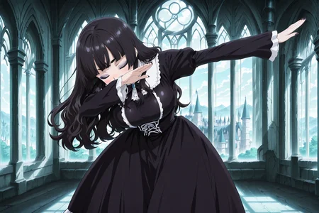 anime screencap, anime coloring, detailed face, masterpiece, best quality, very aesthetic, absurdres, volumetric lighting, official style, amazing quality, ultra detailed, highres, amazing quality, scenery, beautiful detailed hair, beautiful detailed eyes,
<lora:StS-Illustrious-Detail-Slider-v1.0:4>
inside, in a gothcing castle,
 <lora:Dab:1>outstretched arm, covered face, dabbing (pose),
 <lora:Emi_Erokuro_MetalchromeX_official_mascot_character:0.8> 1girl, solo, closed eyes, black hair, black eyebrows, blush stickers, large breasts, long hair, wavy hair, hair down, bangs, hime cut, gothic clothing, gothic dress, black stockings, eyeshadow, black lipstick, black fingernails