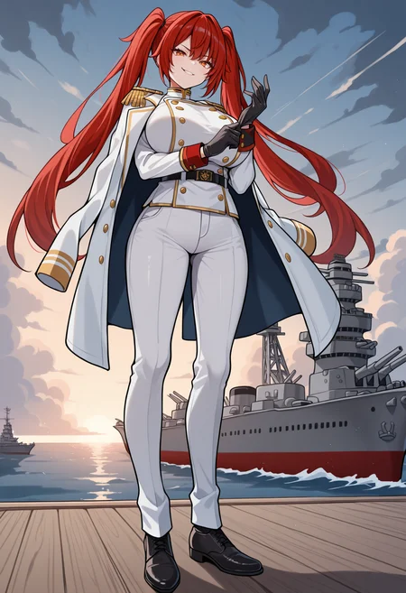 masterpiece, best quality, 1girl, solo, red hair, orange eyes, twintails, very long hair, huge breasts, military uniform, white jacket, white pants, white coat, coat on shoulders, epaulettes, black gloves, adjusting gloves, smirk, full body, from below, outdoors, harbor, dock, battleship, ocean, cloudy sky, storm