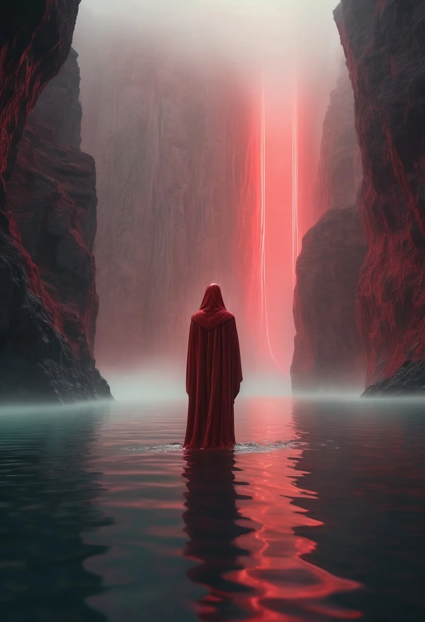 inspired by mike winkelmann, a partially holographic and translucent figure in a flowing red cloak stands in calm water, digitalsurrounded by towering cliffs shrouded in mist, glowing red lines and shapes radiating outward, creating a sense of movement and ethereality, mysterious and surreal atmosphere, muted colors enhancing the dramatic landscape, cinematic pastel lighting, 8 k film still, ultrarealistic 8k, cinematic