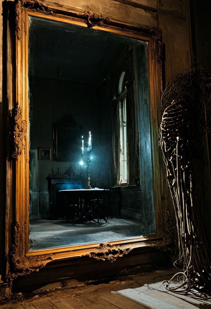 (resplendent highlighting) in the style of casual line and wash sketch, hauntingly beautiful, violento colorido, influenced by Bernard Buffet, a contemporary watercolor painting, tightly framed, 
depict a A shimmering, iridescent pulsating energy opening in the heart of a spectral entity, An adult figure, their features subtly contorted by growing fear, stares intently into an ancient, tarnished full-length mirror in a dimly lit, opulent yet decaying mansion study. The mirror's surface is not just reflecting; it's slowly swirling and distorting, showing their reflection not as they are, but as a gaunt, desiccated husk, its eyesockets glowing with a faint, hungry light. The reflected image is subtly reaching outwards with skeletal hands, attempting to pull the viewer in. Around the mirror's ornate, brass frame, dark, tendril-like shadows seem to emanate, subtly grasping at the edges of the room. The study is filled with dust-covered, antique furniture that appears subtly out of place or wrong, casting deep, oppressive shadows. The air is heavy, almost suffocating, with a scent of stale air and forgotten secrets. A single, flickering candle on a nearby table casts unreliable, dancing light, making the shadows writhe, ral-chrosc-clr