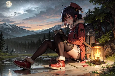 masterpiece, best quality, ultra-detailed, illustration, 1girl, solo, outdoors, camping, night, mountains, nature, stars, moon, bonfire, tent, twin ponytails, green eyes, cheerful, happy, backpack, sleeping bag, camping stove, water bottle, mountain boots, gloves, sweater, hat, flashlight, forest, rocks, river, wood, smoke, shadows, contrast, clear sky, constellations, Milky Way, peaceful, serene, quiet, tranquil, remote, secluded, adventurous, exploration, escape, independence, survival, resourcefulness, challenge, perseverance, stamina, endurance, observation, intuition, adaptability, creativity, imagination, artistry, inspiration, beauty, awe, wonder, gratitude, appreciation, relaxation, enjoyment, rejuvenation, mindfulness, awareness, connection, harmony, balance, texture, detail, realism, depth, perspective, composition, color, light, shadow, reflection, refraction, tone, contrast, foreground, middle ground, background, naturalistic, figurative, representational, impressionistic, expressionistic, abstract, innovative, experimental, unique