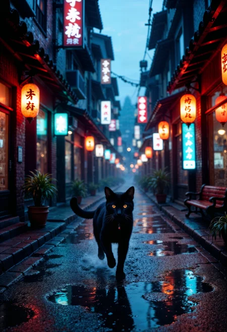 stray black cat running away in the streets of liam wong kowloon walled cyberpunk city and sets out to return to the surface with the help of ai B-12 drone companion, nier replicant style, blader runner 2049, cgi noir, unreal engine 5, 8k ultra hd.
