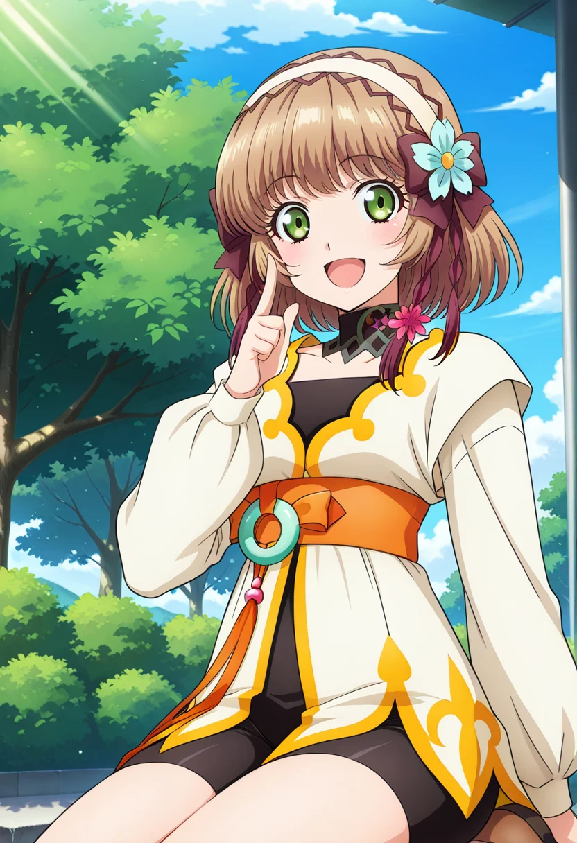 park, trees, flowers,
BREAK,
open smile, sitting,
cowboy shot, dynamic angle,
BREAK,
<lora:leiax2_illustriousXL_v01:0.9>
leiax1, brown hair, green eyes, short hair, hair ornament, hair flower, hair ribbon,
choker, short dress, white dress, long sleeves, black bike shorts,
brown footwear,, source_anime, very aesthetic, anime coloring, masterpiece,
best quality, amazing quality, ultra detailed, very aesthetic,
detailed background,
BREAK,