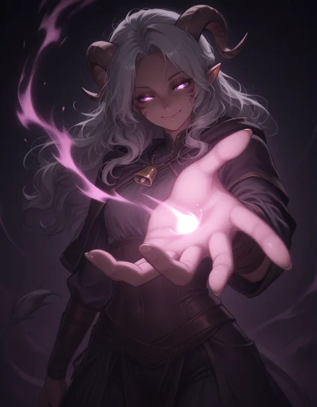 charm_person_(magic), cham_aura, masterpiece, best quality,  anime, cowboy shot, solo,  dark background,  soft effect, 
 pointy ears, tiefling, silver hair, ivory sheep horn, outstretched hand, skinny, pheromone from body,pulse:1.2 , smile,
<lora:whisker_markings:0.8>red whisker_markings:1.7, silver long wavy hair, bell necklace, short pointy ears, purple eyes, <lora:age_slider_v4:1>shirt,  tiefling_bard_diana:1.2,    parted bangs, braid, <lora:Tiefling_bard_Diana_ILXL:0.6>  cloak,   cow tail, <lora:charm_person_magic:0.7>  looking at viwer:1.2,   glowing eyes:0.2,detailed eyes,  <lora:Style_soph-5E-FantasyPortrait:0.3>  (fantasy illustration 5ephb)