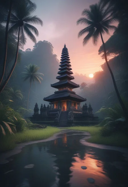 breathtaking beauty of Bali, scenic bali jungle sunset landscape with a temple, perfect composition, Pastell colors, haze, low angle,
shadow Palms, masterpiece, best quality, double exposure, realistic, whimsical, fantastic, splash art, intricate detailed, hyperdetailed, maximalist style, photorealistic, concept art, sharp focus, harmony, serenity, tranquility,
mysterious glow, ambient occlusion, halation, cozy ambient lighting,dynamic lighting, masterpiece, liiv1, linquivera, metix, mentixis, masterpiece, award winning,