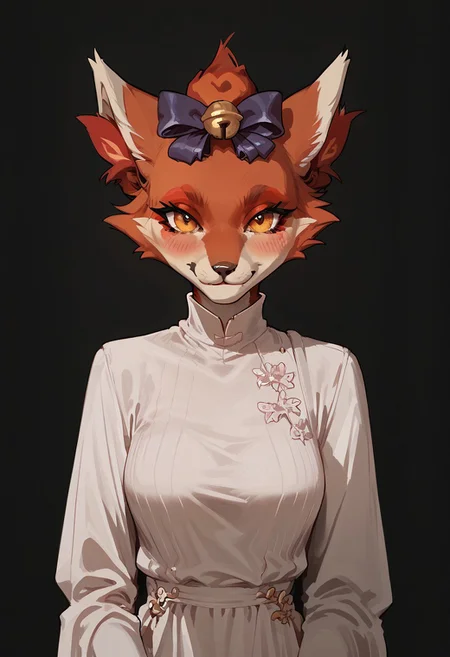 score_9, score_8_up, score_8. score_9, score_8_up, score_7_up, score_6_up, masterpiece, 4k, high quality, (best quality:1.1), ExpressiveH, close up
1girl, GunFireLI, red fox, tail, orange eyes, hair bell, purple bow, two-tone fur, red_inner_ear_fluff, medium breasts, blushing, looking at viewer, smiling, g0dd3ss, white dress, arms crossed
black background