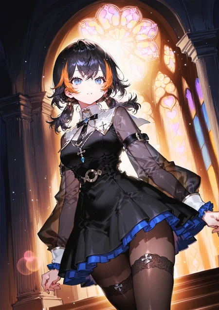 zPDXL3 Real score_9, score_8_up, score_7_up, score_6_up source_anime, highly detailed, sharp, intricate details, rating_safe rating_sensitive, rating_explicit, masterpiece, best quality, good quality, bright eyes light particles lens flare amazing quality, very aesthetic, very awa, absurdres, newest,
<lora:yoneyamaiXLNBVP1lokrV6311PZ:0.5>, <lora:PRSNL:0.5>
<lora:nhl-001:0.4> nhl-001 film grain multicolored background <lora:ponyv4_noob1_2_adamW:0.4>
medium breasts, dynamic pose, dynamic angle,
optical illusion, ssambatea, quasarcake, Fishine, arutera, soresaki, reoen, sanbonzakura, askzy, negative space, see-through, made of, neon light, detailed background,
medium hair low twintails
niji-petra,medium breastas,blue eyes,black hair,orange hair,multicolored hair,streaked hair,ornament,
nun thighhighs indoors, indoors, palace, night, architecture, flag, arch, pillar, tights
<lora:niji-petra:0.7>