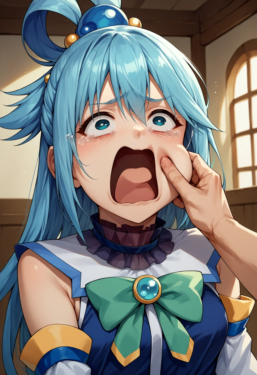 score_9, score_8_up, score_7_up, source_anime, 1girl, cheek pinching, pov hands, <lora:PinchingPOVOneHand_XLPD:1>, upper body, indoors, <lora:concept_aquascreaming_ponyXL:1> aquascreaming, screaming, open mouth, crying with eyes open, aqua \(konosuba\),