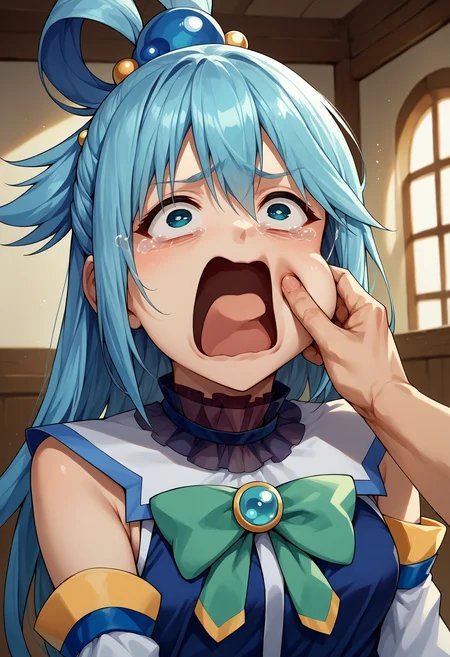score_9, score_8_up, score_7_up, source_anime, 1girl, cheek pinching, pov hands, <lora:PinchingPOVOneHand_XLPD:1>, upper body, indoors, <lora:concept_aquascreaming_ponyXL:1> aquascreaming, screaming, open mouth, crying with eyes open, aqua \(konosuba\),
